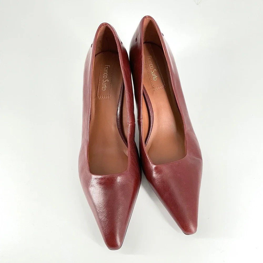 Franco Sarto Size 8 Burgundy Leather Pointed Toe Kitten Heel Pumps Astra